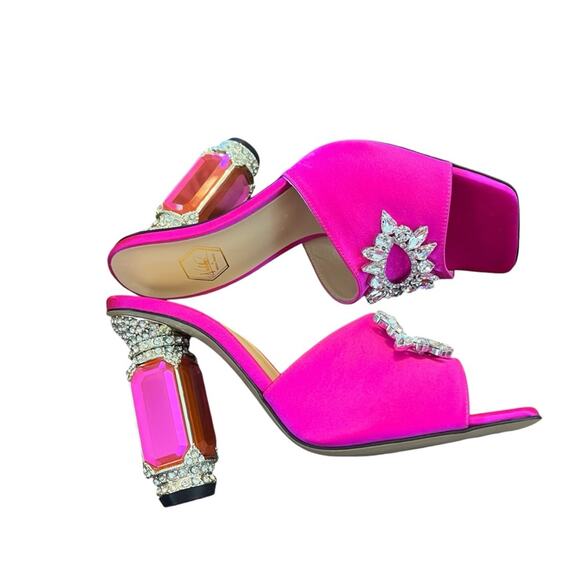 Nalebe Aurum Crystal Embellished Satin Mule Magenta Square Toe Heels EU38/US 8 - Picture 8 of 11